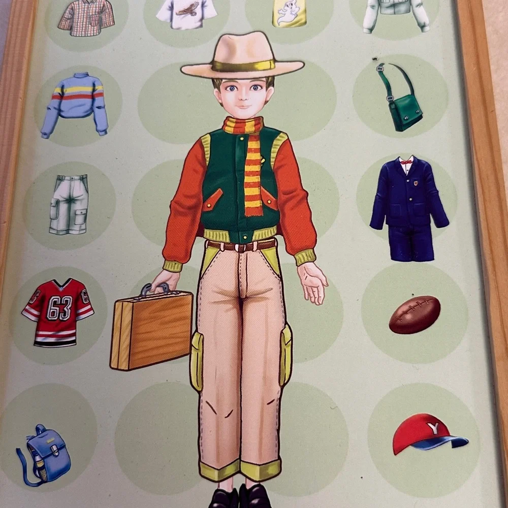 Magnetic Boy Dress Up Wooden Box, Model, Stand, and Clothing Items Used